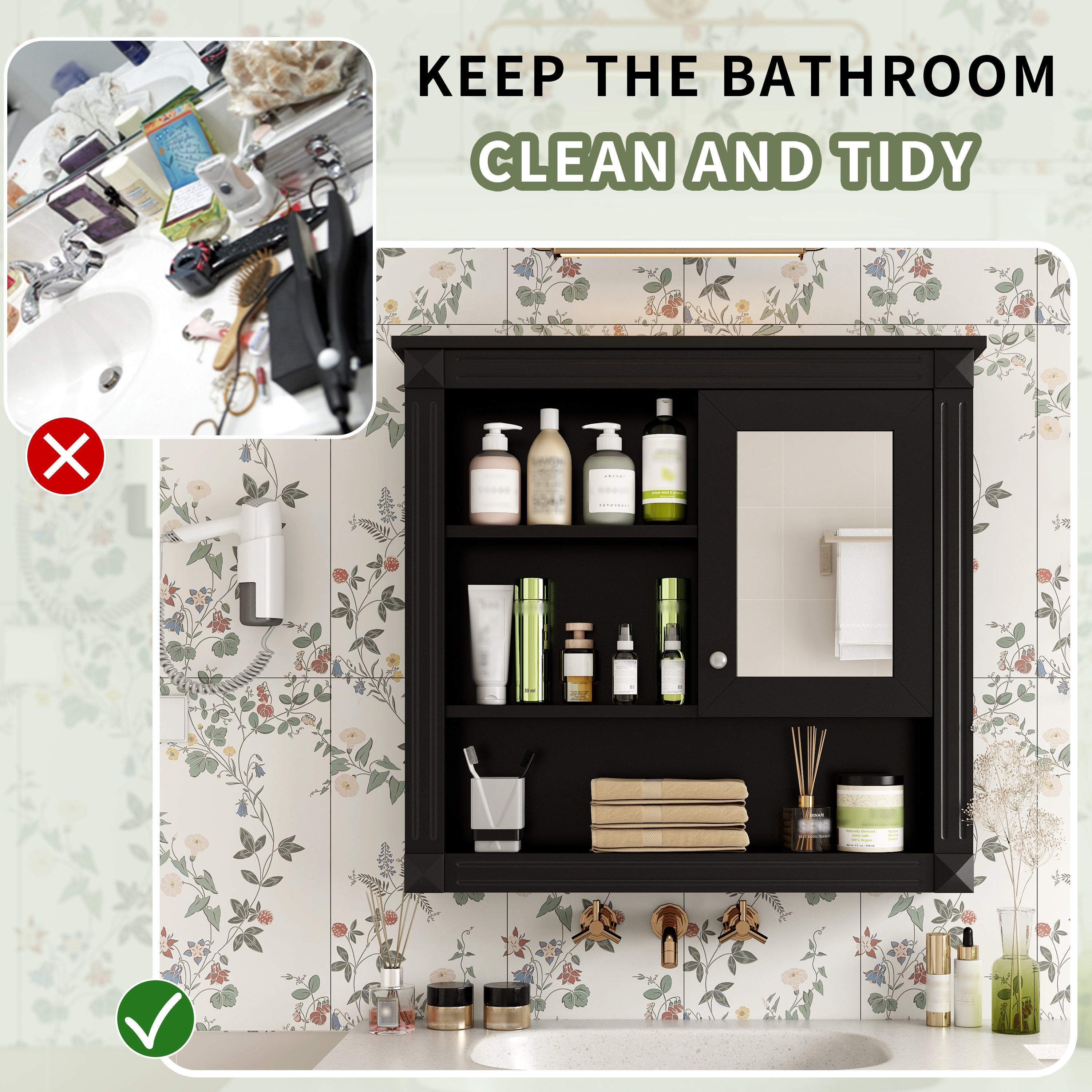 32'' Bathroom Wall Cabinet with Mirror, Wall Mounted Medicine Cabinet