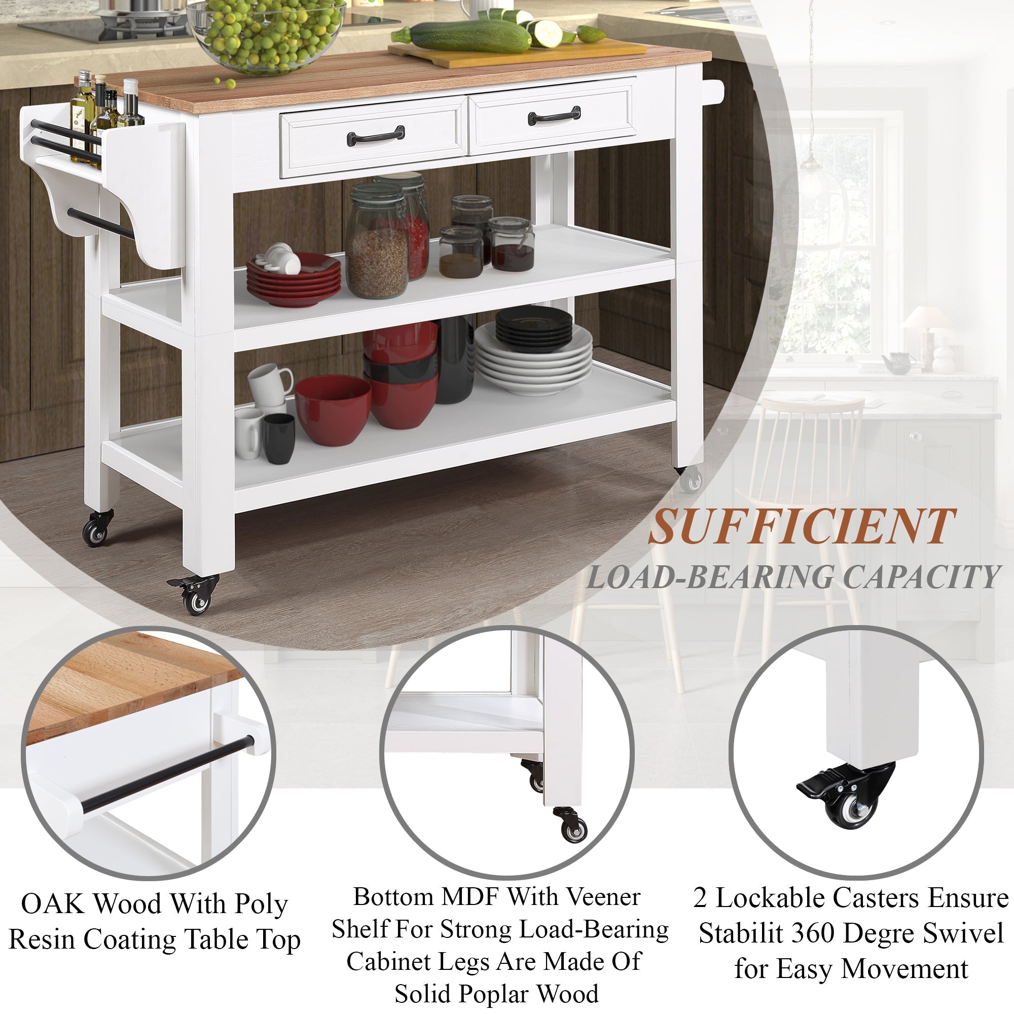 57 inch Rolling Kitchen Island with Storage,Kitchen Cart with Solid